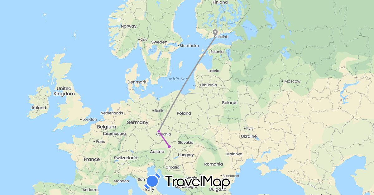 TravelMap itinerary: driving, plane, train in Austria, Czech Republic, Finland (Europe)